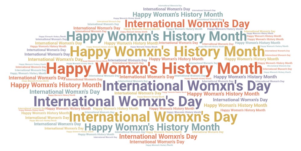 Photo Description: Word Cloud with Happy Womxn’s History Month and International Womxn’s Day